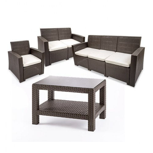 Set de Terraza Ratan ( 2 SILL..1 CPO+1 SILL.2 CPOS+MESA con VIDRIO+CJNES) marron - Canales Distribución