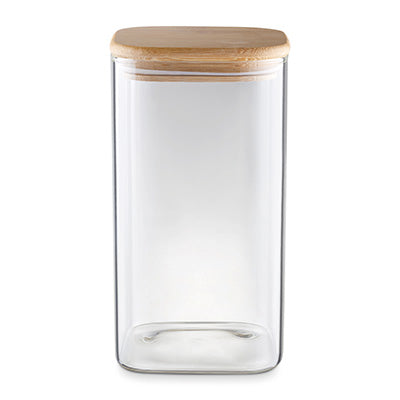 CONTENEDORES DE ALIMENTOS VIDRIO BOROSILICATO CUADRADO 1,4L TRANSP. C/TAPA BAMBU 15X10X10 CM